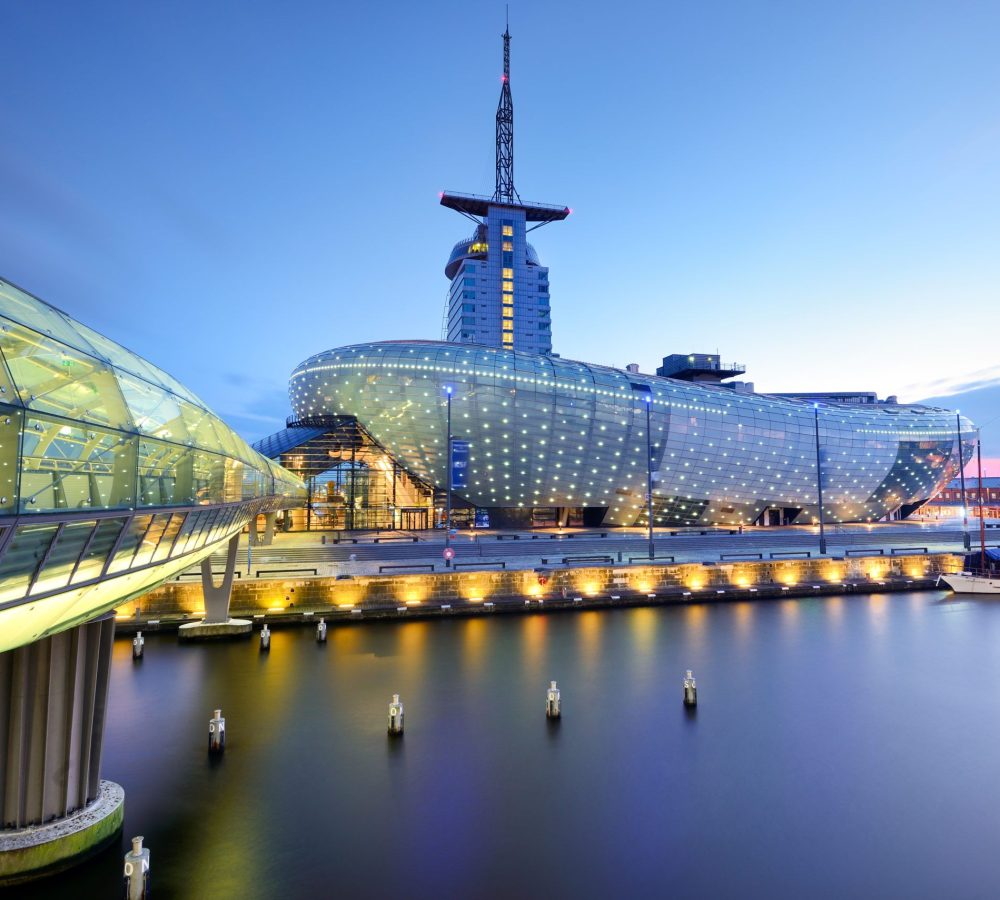 Bremerhaven, Bremen, Germany - Sail City building, alfter hafen and skyline of Havenwelten-district