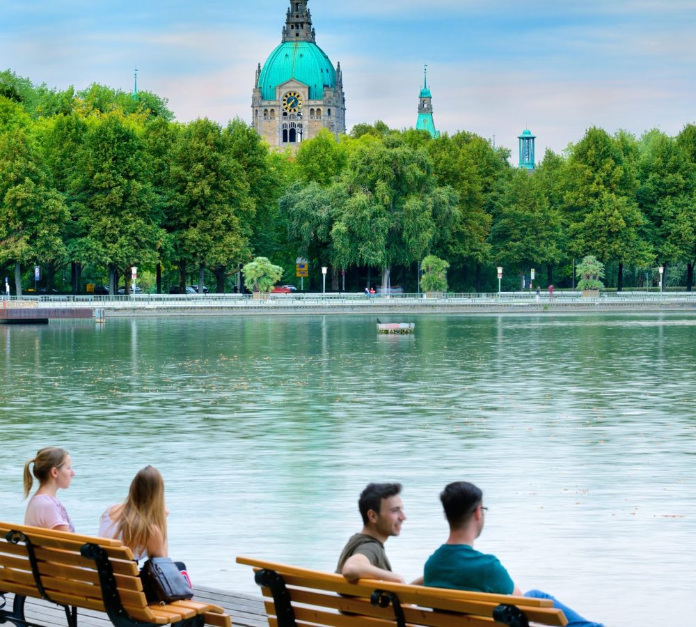 Hanover, Lower Saxony, Germany - Lake Maschsee and Hanover Rathaus.