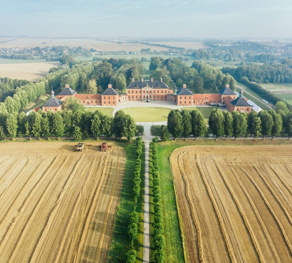 Ein Blick aus der Luft auf das Schloss Bothmer mit seiner alten Festonallee // An aerial view of Bothmer Castle with its old festoon avenue