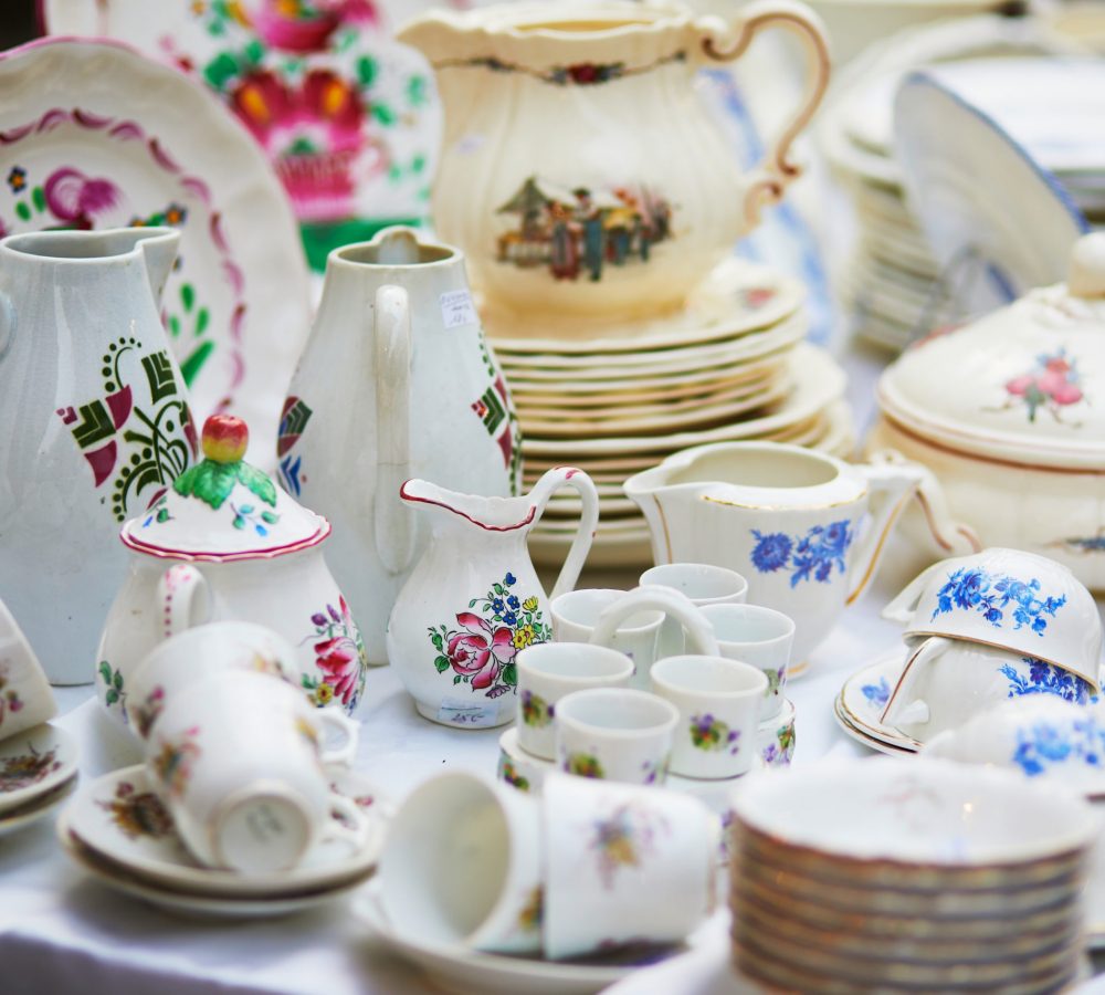 Cups and jugs on a flea market in Paris, France