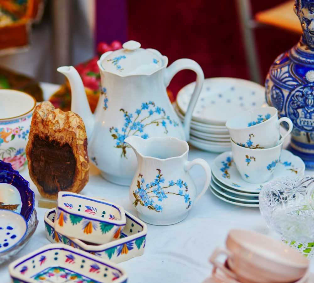 Cups and jugs on a flea market in Paris, France